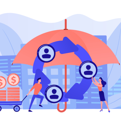 Individuals pool their premiums together to insure against a risk. Peer-to-Peer insurance, P2P collaborative risk, new social insurance concept. Pinkish coral bluevector isolated illustration