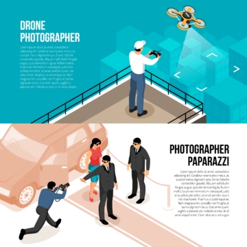 Professional photographer 2 horizontal isometric banners with remote controlled drone technology and celebrity shooting paparazzi vector illustration